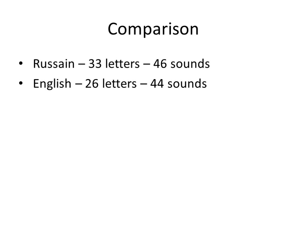 Comparison Russain – 33 letters – 46 sounds English – 26 letters – 44